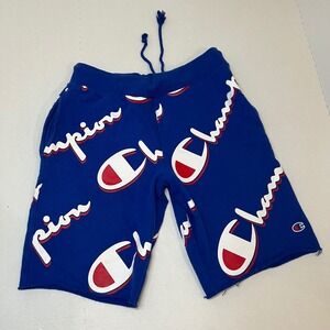 Champion Shorts Mens Small Blue Reverse Weave Spell Out All Over Print Lounge